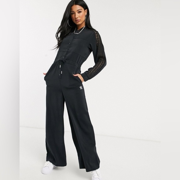 adidas Pants - Adidas Originals Bellista Black Long Sleeve Lace Insert Wide-Leg Jumpsuit